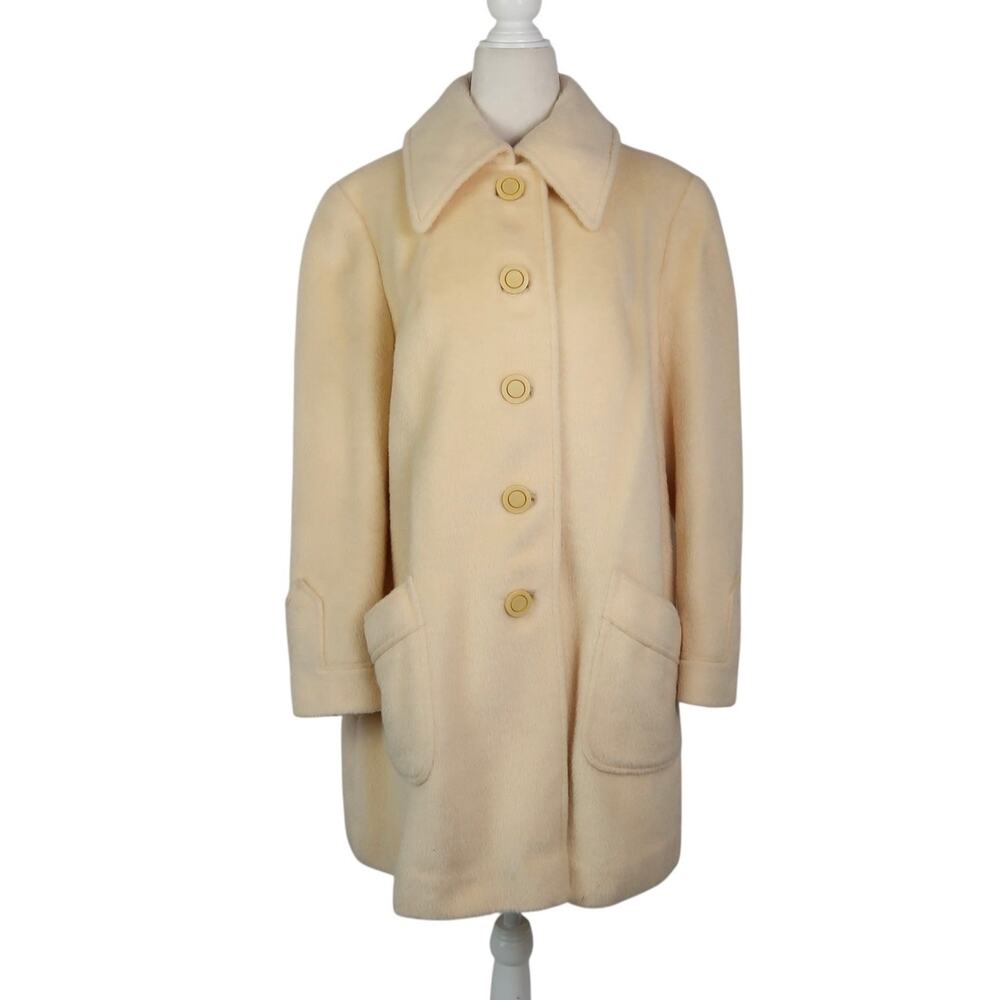 Vintage 60s Mary Lane Cream Faux Fur Coat Mod Swing Evening L